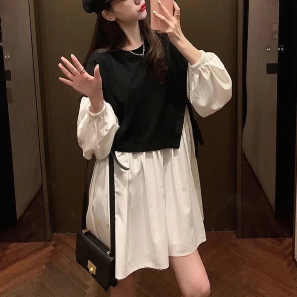Women French Mini Dress Long Sleeve O-Neck Casual Black/White Size M